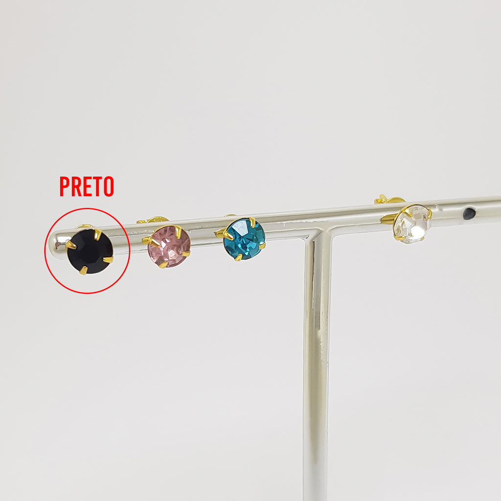 Brinco fixo ponto de luz 6mm com strass no cristal e colorido BANHADO A OURO 18K