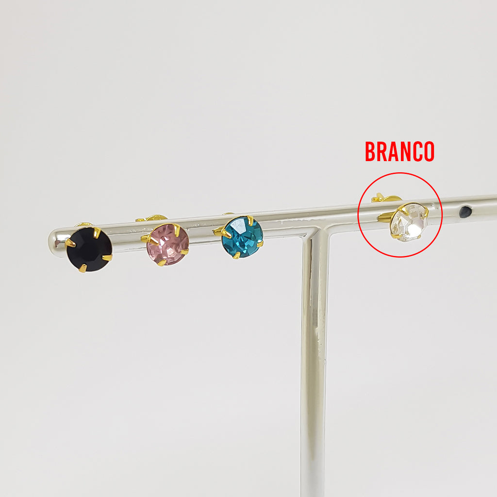 Brinco fixo ponto de luz 6mm com strass no cristal e colorido BANHADO A OURO 18K
