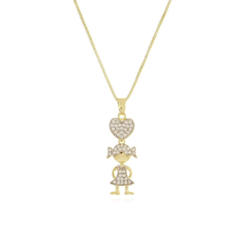 COLAR COM MENINA E CORAÇÃO CRAVEJADO CRISTAL (45CM+5CM) BANHO OURO 18K